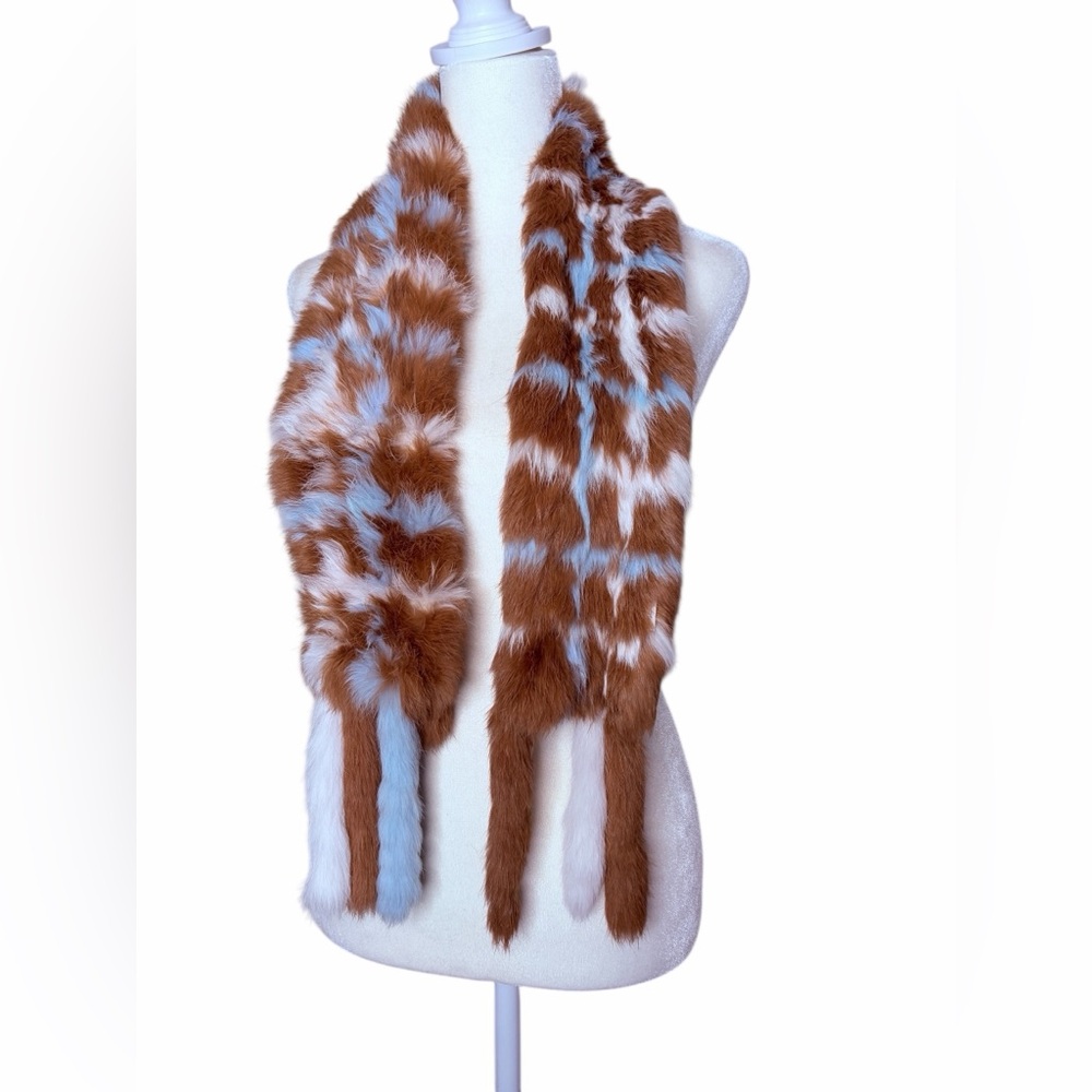 Y2K Luxurious Brown & Blue Rabbit Fur Fringe Scarf Wrap OS